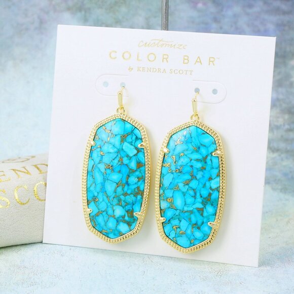 Kendra Scott Danielle Turquoise Bronze Veined earrings Gold Plated - Picture 2 of 5
